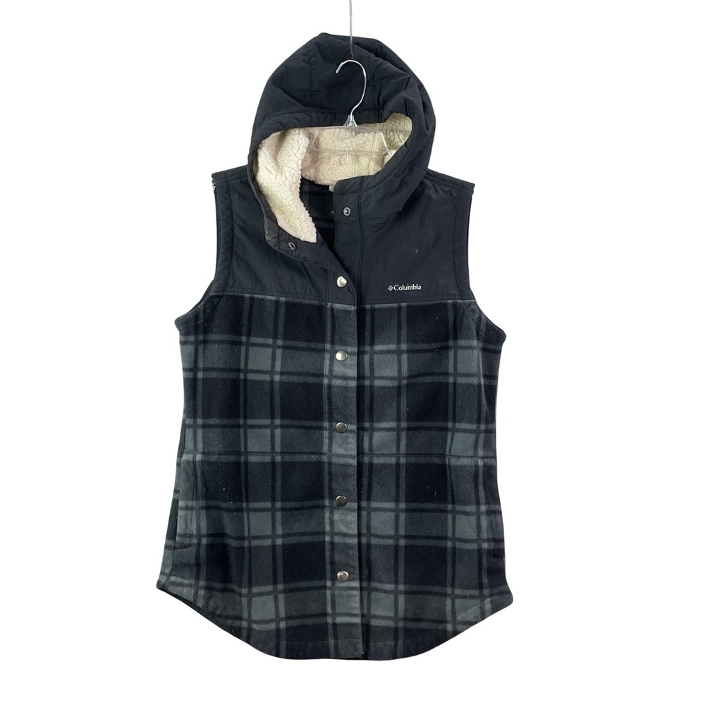Columbia Hooded Fleece Vest Men Large Black Grey Sherpa Lined Outdoor Hiking